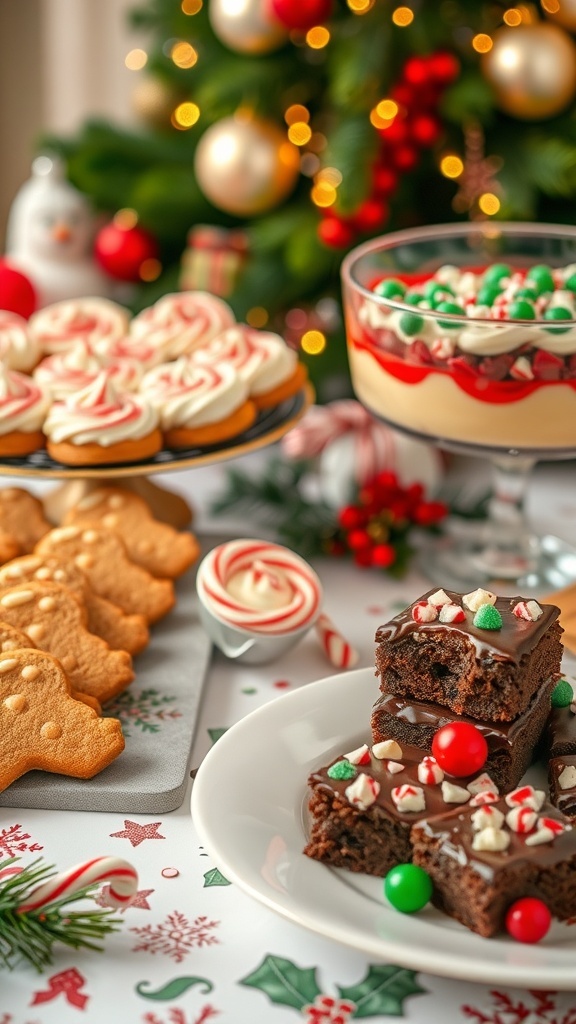 Festive Christmas Desserts for a Crowd A collection of Christmas desserts: gingerbread cookies, brownies, and trifle on a festive table.
